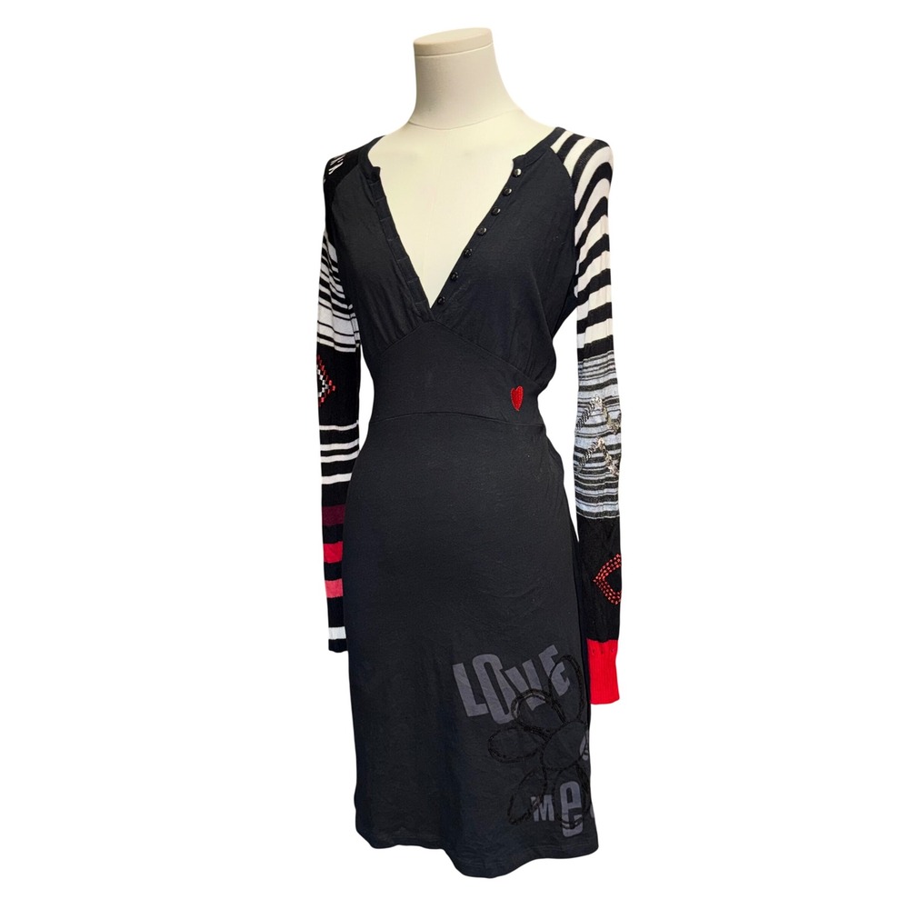 Desigual Knit Dress Womens Medium Black Mixed Media Long Sleeve Good 58V20C3